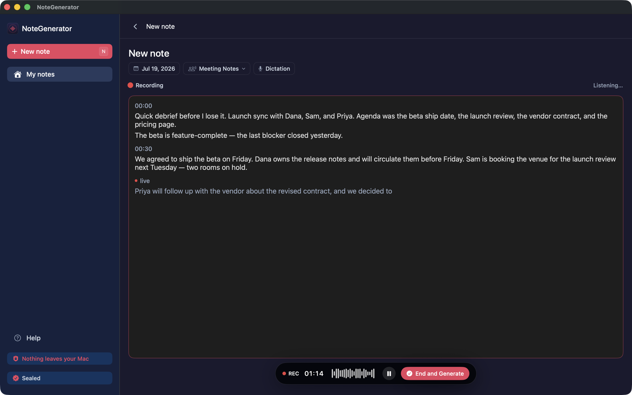 The NoteGenerator recording window mid-meeting: a live transcript with 00:00 and 00:30 timestamps, the REC 01:14 waveform bar with End and Generate, and the Sealed badge in the sidebar.